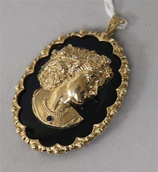 A modern 9ct gold, hardstone and diamond set pendant, applied with the bust of a lady to sinister, 6cm.